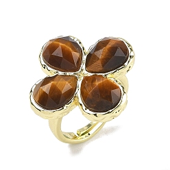 Тигровый глаз Регулируемые кольца на палец из натурального тигрового глаза с огранкой для женщин, клевер, латунные кольца для обшивки стойки, золотые, 17 мм