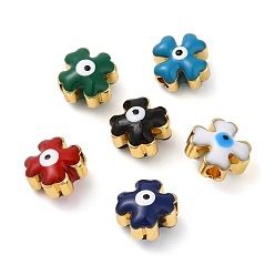 Mixed Color Golden Tone Brass Enamel Beads, Cadmium Free & Lead Free, Long-Lasting Plated, Cross with Evil Eye, Mixed Color, 8x8x6mm, Hole: 1.8mm