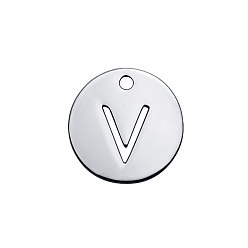 Letter V 201 Stainless Steel Charms, Flat Round with Letter, Stainless Steel Color, Letter.V, 12x1mm, Hole: 1.5mm