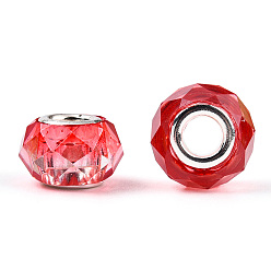 Red Transparent Resin European Beads, Imitation Crystal, Two-Tone Large Hole Beads, with Silver Tone Brass Double Cores, Faceted, Rondelle, Red, 14x8.5mm, Hole: 5mm