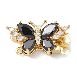 Черный Застежки-бабочки из латуни с микропаве из кубического циркония, реальный 18 k позолоченный, 2 нитей, 4-луночное, чёрные, 12x23x7 мм, отверстия : 1.2 mm и 1.4 мм