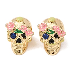 Настоящее золото 18K Стойка металлизированный латунь европейский бисер, с кубическим цирконием и эмалью, бусины с большим отверстием, без свинца и без кадмия, долговечный, Сахарный череп для Мексики, День мертвых, реальный 18 k позолоченный, 12x9x10 мм, отверстие : 4 мм