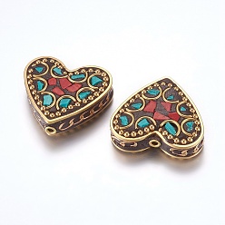 Raw(Unplated) Handmade Indonesia Beads, with Brass Findings, Nickel Free, Heart, Unplated, 27.5~29x31x10mm, Hole: 2mm