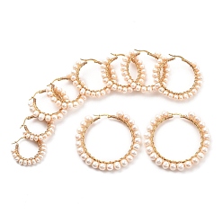 Golden 304 Stainless Steel Hoop Earrings Sets, with Potato Natural Cultured Freshwater Pearls and Copper Wire, Ring Shape, Golden, 33~62x31~57mm, Pin: 0.7~1mm, 5pairs/set