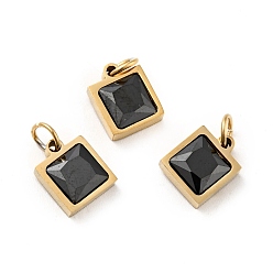 Dark Gray Vacuum Plating 304 Stainless Steel Pendants, with Cubic Zirconia and Jump Rings, Single Stone Charms, Square, Golden, Dark Gray, 9.5x8x3.5mm, Hole: 3.4mm