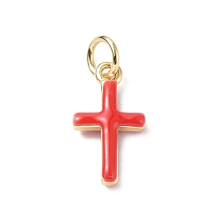 Red Real 18K Gold Plated Eco-Friendly Rack Plating Brass Enamel Pendants, Long-Lasting Plated, with Jump Rings, Lead Free & Cadmium Free, Cross Charm, Red, 15x8x3mm, Hole: 3.4mm
