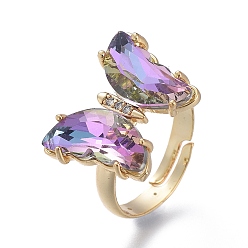 Medium Purple Adjustable Brass Glass Finger Rings, with Clear Cubic Zirconia, Butterfly, Golden, Medium Purple, Size 7, Inner Diameter: 17mm