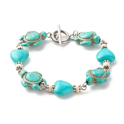 Cyan Heart & Tortoise Synthetic Turquoise(Dyed) Beaded Bracelet, Lucky Bracelet for Women, Platinum, Cyan, 7-5/8 inch(19.5cm)
