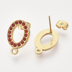 Светло-сиамский 304 Выводы серьги из нержавеющей стали шпилька, со стразами, петля и ушные гайки / серьги спины, овальные, золотые, Light Siam, 18.5x11.5x2 мм, отверстие : 1.5 мм, штифты : 0.8 мм