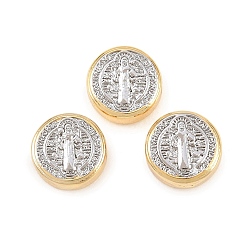 Платиновый & Золотой Двухцветные латунные бусины, долговечный, плоский круглый с медалью святого бенедикта, стойки покрытие, без свинца и без кадмия, платиной и золотом, 9.5x4 мм, отверстие : 1.8 мм