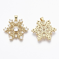 Real 18K Gold Plated Brass Micro Pave Cubic Zirconia Pendants, Nickel Free, Snowflake, Clear, for Christmas, Real 18K Gold Plated, 23x26.5x4.5mm, Hole: 3x4mm