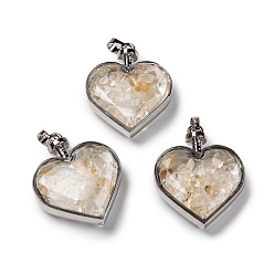 Citrine Glass Bottle Pendants, with Natural Citrine Chips and Platinum Plated Alloy Findings, Heart, 40x32.5x11mm, Hole: 8x5mm
