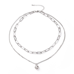 Stainless Steel Color Non-Tarnish 304 Stainless Steel Double Chains Multi Layered Necklace with Round Ball Charms for Women, Stainless Steel Color, 16.34 inch(41.5cm)