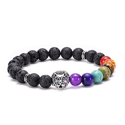 Lion-Ancient Silver Lava Volcano Stone Leopard Lion Owl Bracelet with Seven Chakra Stones and Natural Buddha Head Beads