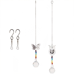 Colorful Crystal Ceiling Fan Pull Chains Chakra Hanging Pendants Prism, with Cable Chains, Stainless Steel Swivel Hooks Clips and Velvet Bags, Butterfly & Owl, Colorful, 323~362mm