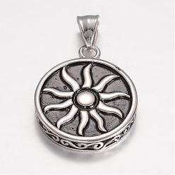 Antique Silver 304 Stainless Steel Pendants, Flat Round Carved Sun, Antique Silver, 33x27x5.5mm, Hole: 7.5x5mm