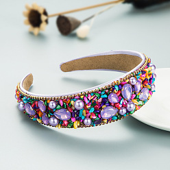 purple Colorful Gemstone Wide Headband with Rhinestones and Fabric, Chic Candy-colored Hair Accessories