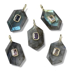 Лабрадорита Ограненные подвески из натурального лабрадорита, шестиугольные подвески с латунными микропаве и фианитами кубического циркония случайного цвета, золотые, 32x15.5x7 мм, отверстие : 4x2 мм