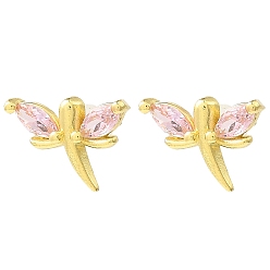 Pink Серьги-гвоздики из латуни со стрекозой из настоящей позолоченной 18k, с четким кубического циркония, долговечный, без свинца и без кадмия, розовые, 10x15 мм