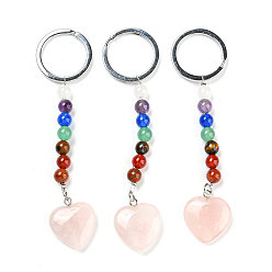Rose Quartz Natural Rose Quartz Heart Pendant Keychain, with 7 Chakra Gemstone Beads and Platinum Tone Brass Findings, 10cm