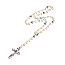 Antique Silver Synthetic Hematite & Glass Rosary Bead Necklaces for Women, Jesus Cross Alloy Pendant Necklaces, Antique Silver, 22.17 inch(56.3cm)