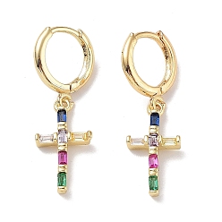 Colorful Real 18K Gold Plated Brass Dangle Hoop Earrings, with Glass, Cross, Colorful, 30x9mm