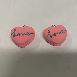 Light Coral Opaque Resin Pendants, Heart with Word Love Charm, with Platinum Tone Iron Loops, Light Coral, 22x21.5x9mm, Hole: 2x2.5mm