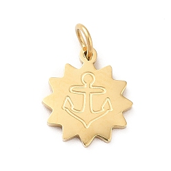 Real 14K Gold Plated Ion Plating(IP) 304 Stainless Steel Charms, with Jump Ring, Flower with Anchor Pattern, Real 14K Gold Plated, 11.5x10x0.8mm, Hole: 3mm