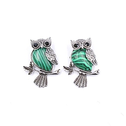 Malachite Synthetic Malachite Pendants, Antique Silver Plated Metal Owl Charms, 35~45mm