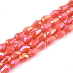 Tomato Electroplate Glass Beads Strands, AB Color Plated, Faceted Teardrop, Tomato, 4x3mm, Hole: 0.7mm, about 98~99pcs/strand, 16.54~16.92 inch(42~43cm)