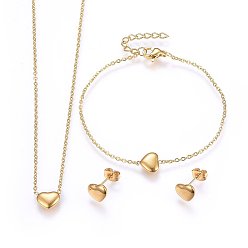 Golden 304 Stainless Steel Jewelry Sets, Pendant Necklaces & Stud Earrings & Bracelets, Heart, Golden, 16.93 inch(43cm), 6-3/4 inch(17cm), 7x9x2.5mm, Pin: 0.8mm
