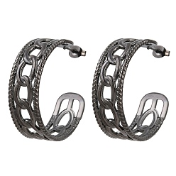Black 304 Stainless Steel Hollow Link Chain Stud Earrings for Women, Half Hoop Earrings, Ion Plating(IP), Black, 34x11mm