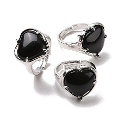 Обсидиан Регулируемое кольцо в форме сердца из натурального обсидиана, украшения из латуни для женщин, без свинца и без кадмия, платина, внутренний диаметр: 16.5~21 мм
