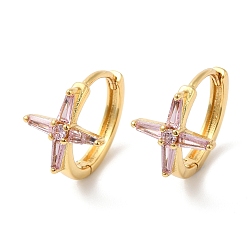 Pearl Pink Cross Cubic Zirconia Cuff Earrings, Real 18K Gold Plated Brass Jewelry for Women, Cadmium Free & Lead Free, Pearl Pink, 17x15x12mm, Pin: 1mm
