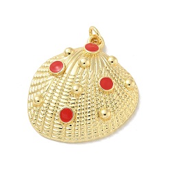 Красный Латунь эмаль подвески, с прыжковых колец, реальный 18 k позолоченный, подвески в форме ракушек, красные, 30x28x7 мм, отверстие : 3 мм