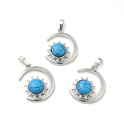 Synthetic Turquoise Synthetic Turquoise Pendants, with Platinum Tone Brass Findings, Lead Free & Cadmium Free, Moon with Sun Charms, 29~30x23x7.5~8mm, Hole: 5x8mm