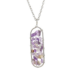 Amethyst Natural Amethyst Chips Beaded Oval Pendant Necklaces, with Cable Chains, 20.87 inch(53cm)