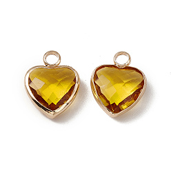 Topaz Heart K9 Glass Charms, Faceted, with Light Gold Tone Brass Edge, Topaz, 13.5x10.5x4.5mm, Hole: 2.2mm