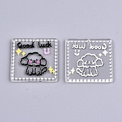 Black Transparent Acrylic Pendants, 3D Printed, Square with Dog Pattern & Word Good Luck, Black, 31.5x31x2.5mm, Hole: 1.5mm