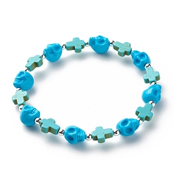 Turquoise Bracelet extensible en perles de turquoise synthétique (teint) avec croix et tête de mort, bijoux de pierres précieuses d'halloween pour femmes, turquoise (teint), diamètre intérieur: 2-3/8 pouce (6 cm)