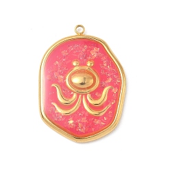 Cerise 304 Stainless Steel Epoxy Resin with Natural Shell and Sequins Inside Pendants, Oval with Fish Charms, Real 18K Gold Plated, PVD Vacuum Plating, Cerise, 28x20x2mm, Hole: 1.6mm