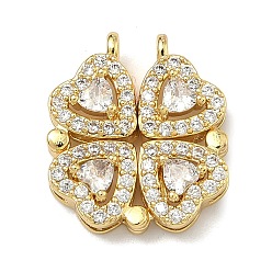 Настоящее золото 18K Подвески из латуни с микропаве и прозрачными кубическими циркониями ко Дню Святого Патрика, с магнитным, подвески в виде четырехлистного клевера, без свинца и без кадмия, стойки покрытие, долговечный, реальный 18 k позолоченный, 18x16x4.8 мм, отверстие : 1.4 мм