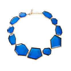 Blue Bold Geometric Resin Necklace with Transparent Design - Vintage European Style Statement Piece for Women