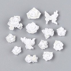 Белый Светящиеся цветочные кабошоны из смолы, для изготовления ювелирных изделий, с блеском порошок, светится в темноте, белые, 6~12x6~12x2.5~6 мм, о 2500~3000 шт