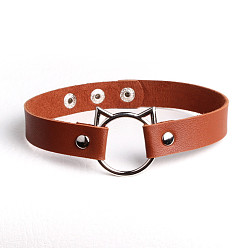 coffee color Cute Cat Head PU Leather Collar for Punk Fashion Street Style with Lock and Clavicle Chain Jewelry