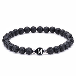 M Natural Volcanic Stone Letter Bracelet with Elastic Cord - 26 English Alphabet Charms for Couples