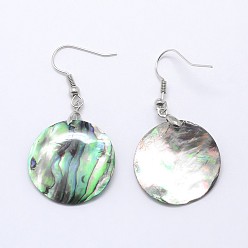 Shell Abalone Shell Flat Round Dangle Earrings, with Platinum Plated Brass Ear Hooks, 47mm, Pin: 0.8mm