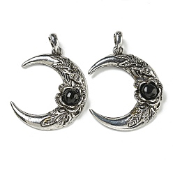Обсидиан Природные подвески обсидиана, сплав цветок полумесяц подвески, античное серебро, 43.5x35.5x8.5 мм, отверстие : 8x7 мм