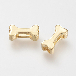 Real 18K Gold Plated Brass Slide Charms, Bone, Nickel Free, Real 18K Gold Plated, 12x6x4mm, Hole: 6x1mm & 3x1.5mm