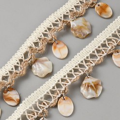 Blanc Floral Ruban de dentelle à franges en coton de style ethnique, bordure en dentelle avec pompon en résine et coquillage, floral blanc, 1-1/2 pouces (37 mm), environ 2.62~2.73 yards (2.4~2.5m)/écheveau